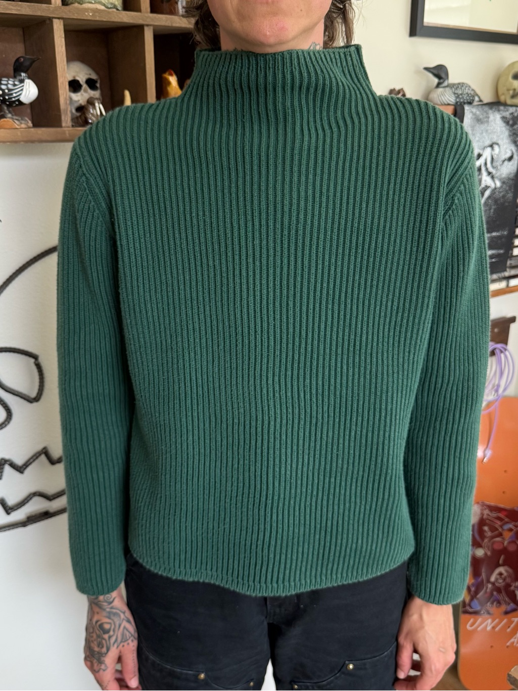 Vintage 80s 90s Green Cable Knit Mock Neck Sweater ~ Size Medium